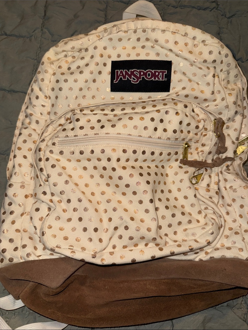 Jansport Cream Backpack with Gold Metallic Polka Dots EUC